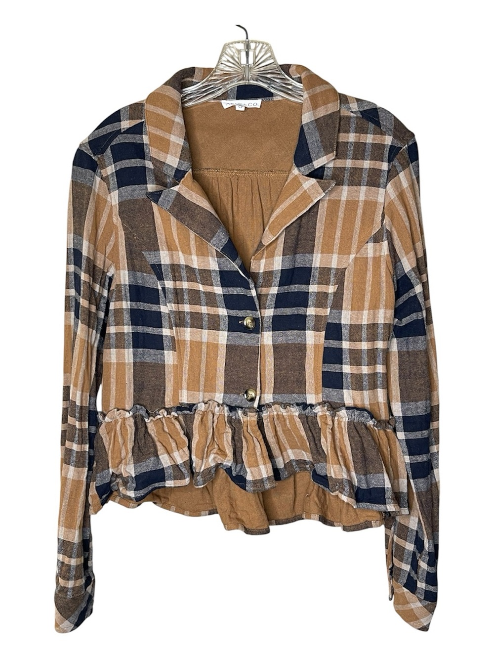 AEMI + CO Plaid Ruffle Hem Button-Front Jacket Sz S
